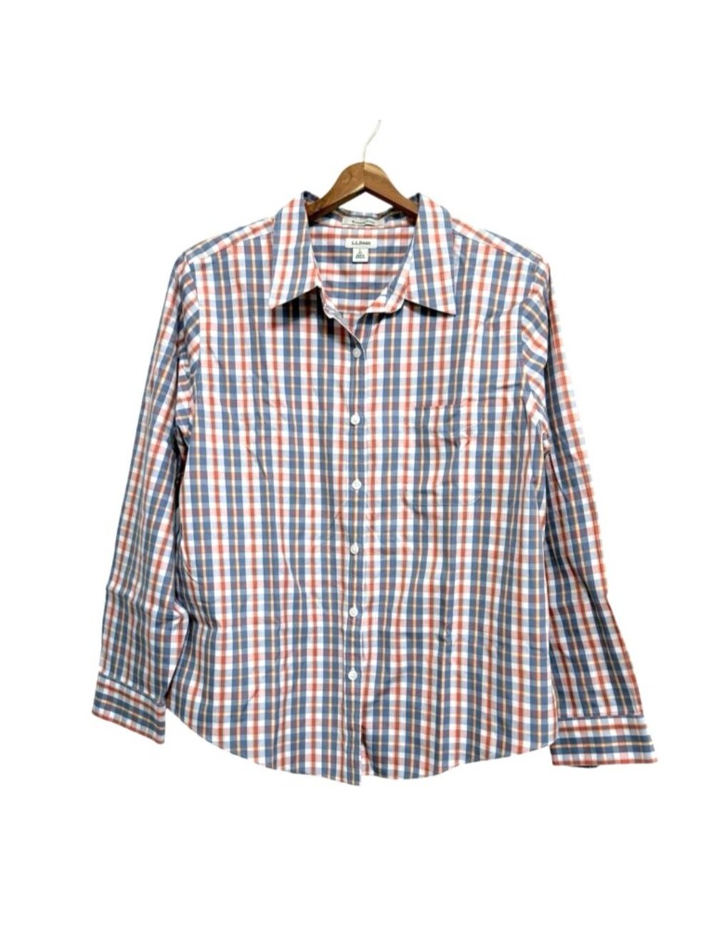 Vtg LL Bean Cottom Size Large BlueOrange Plaid Button Up Wrinkle Free Blouse
